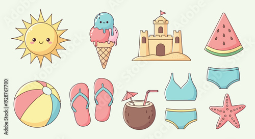Summer vacation beach accessories and treats collection.