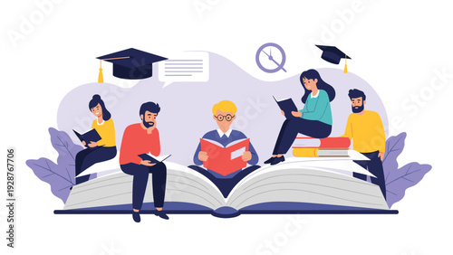 Diverse group of students sitting and reading on a giant open book representing higher education and academic learning.