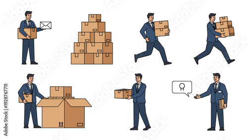 Professional businessman in a suit performing various delivery tasks while carrying cardboard boxes and mail envelopes.