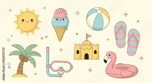 Vibrant Summer Vacation Icons with Tropical Elements and Beach Accessories.