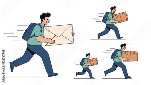 Energetic delivery boy with a backpack running quickly to deliver various sized cardboard boxes and a large envelope.