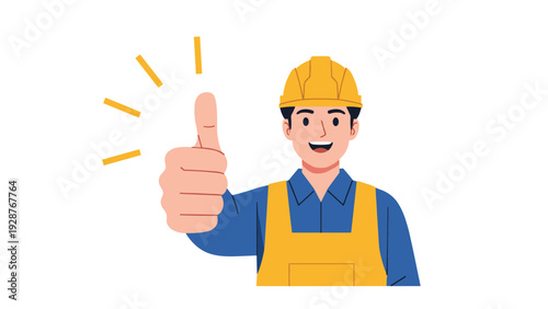 Happy male construction worker wearing a yellow hard hat and overalls giving a thumbs up gesture for a job well done.