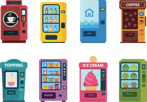 Colorful Vending Machine Collection with Coffee Snacks Drinks and Ice Cream Vector Illustration Isolated on White Background for Retail and Food Service Design