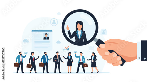 Human resources recruitment concept with a giant hand using a magnifying glass to select the best candidate from a line.