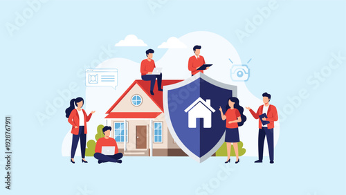 Home insurance and property protection concept featuring people standing around a house secured by a large shield.