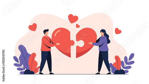 Relationship and love concept showing a man and a woman connecting two halves of a large red heart puzzle piece.