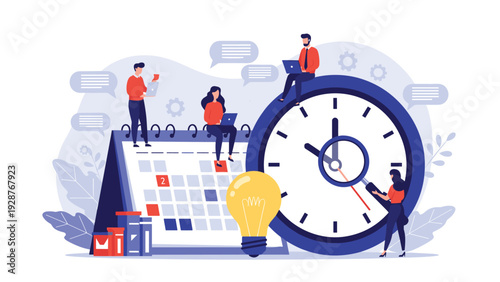 Time management and deadline planning concept with people working around a large clock and a desktop calendar.
