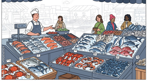 Vibrant Fish Market Scene with Fresh Seafood on Display.