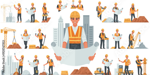 Construction Workers Set with Engineer Builder Crane and Heavy Equipment Vector Illustration Collection Isolated on White Background for Industrial and Urban Development Design