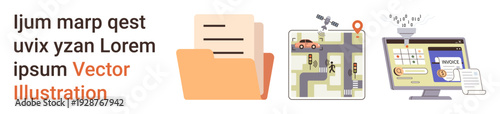 Data organization, business software, navigation, online payments, digital workflows, and technology integration. File folder, city map with GPS and invoice on a computer screen. Data organization