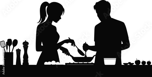 Couple Cooking Together in Kitchen Silhouette Vector Illustration Isolated on White Background for Healthy Food Relationship and Home Lifestyle Concept