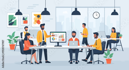 Team of professionals collaborating in a modern office environment.