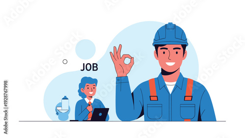Cheerful construction worker giving an okay hand gesture with the word job and an office worker in the background.