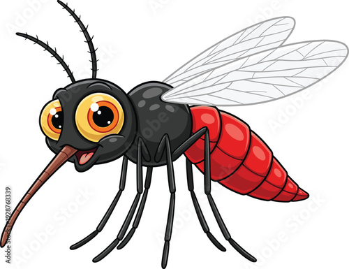 Cute cartoon illustration of a friendly mosquito with big eyes and red body for children education pest control health awareness and insect character branding