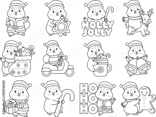Coloring pages of Cute set of hamster sticker with christmas activity.  Outline of hamster 