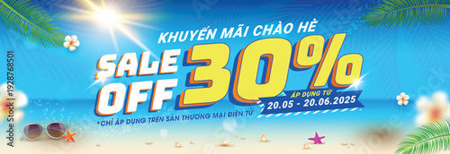 Summer Sale 30 Percent Discount Banner with Tropical Beach Background