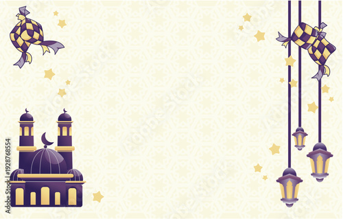 Ramadan Background with Hanging Lanterns and Ketupat Illustration