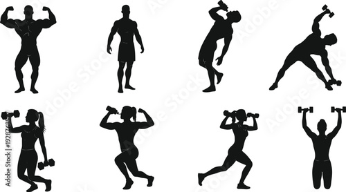 Black silhouettes of men and women lifting weights, bodybuilding, strength training, fitness, exercise, workout, muscle building, health, hydration, gym, power, athletic.