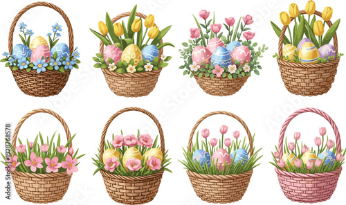 Premium Easter Basket Vector Collection Featuring Detailed Wicker Textures Spring Tulips Roses and Patterned Eggs for Elegant Holiday Greeting Cards