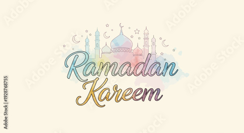 Ramadan Kareem Greeting with Mosque Silhouette.