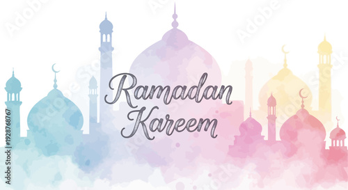 Ramadan Kareem greeting card with mosque silhouettes and watercolor background.