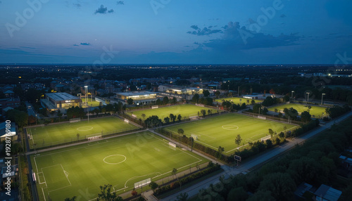Multiple illuminated sports pitches stretch across an urban landscape at twilight