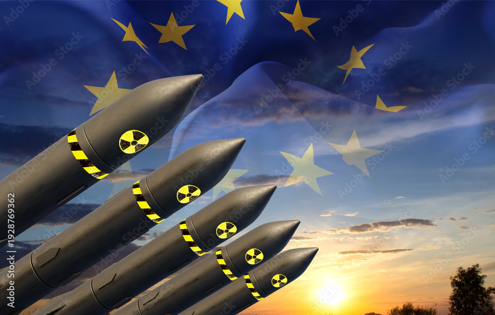 Fototapeta premium Nuclear missiles against the sunset with European Union flag. Nuclear defense of the European continent concept