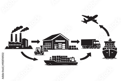 Supply Chain Flow Silhouette, Vector Illustration, Isolated on White Background