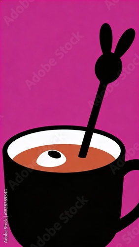 Black mug with spooky drink and floating eyeball, playful Halloween design on magenta backdrop, minimal graphic style for party invites and social posts