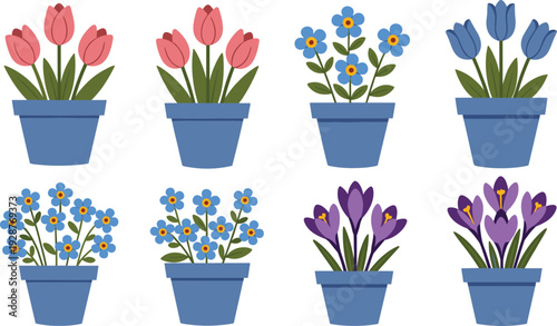 ector, Illustration, Set, of, Colorful, Spring, Flowers, in, Blue, Pots, for, Identity, Branding, Professional, Graphic, Design, Projects, Collection, Elements, Botanical, Garden, Art