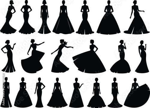 Elegant Women in Evening Gown Silhouette Collection Black and White Vector Illustration Isolated on White Background for Fashion and Formal Design