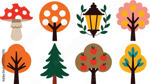 Flat autumn nature icon set with trees, mushroom, lantern and apple tree, colorful vector illustration isolated on light background for seasonal design