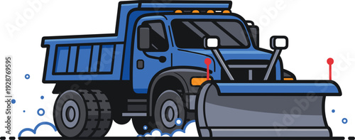 Flat vector illustration of a heavy duty blue snow plow truck with a large metal blade clearing winter snow for road maintenance designs