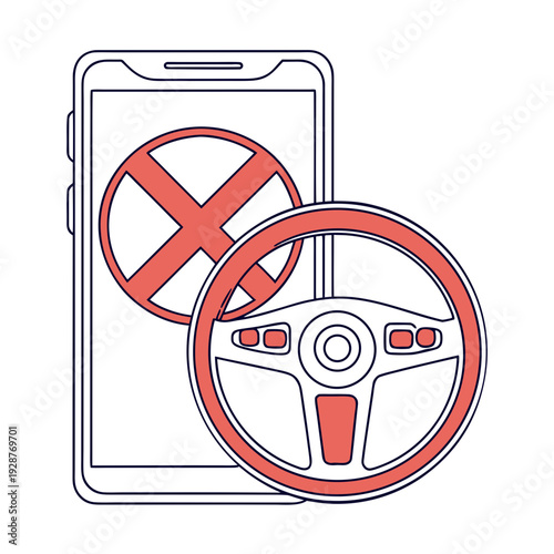 The dangers of distracted driving illustrated with a mobile phone and a steering wheel
