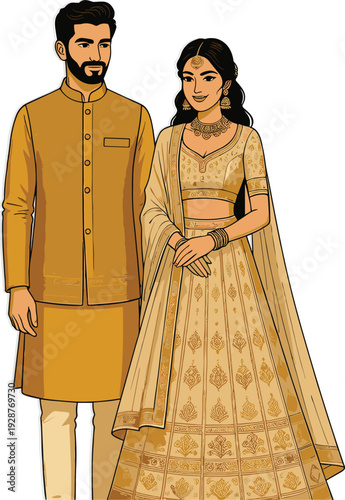 Flat vector illustration of a South Asian bride in a golden lehenga and a groom in a matching yellow sherwani for wedding and marriage designs