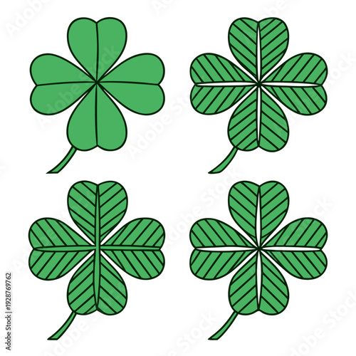 Four four-leaf clovers, each with a unique design, are artfully displayed. The clovers represent luck and fortune, with their vibrant green color enhancing their appeal