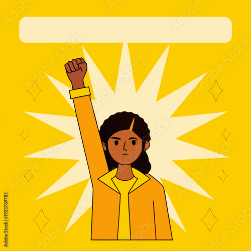 A determined woman raising her fist high in a gesture of empowerment, with a blank speech bubble above her head, set against a starburst background.