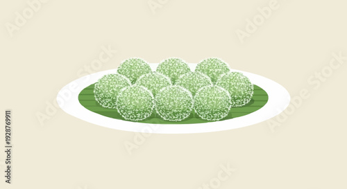 Illustration of Indonesian klepon served on banana leaf