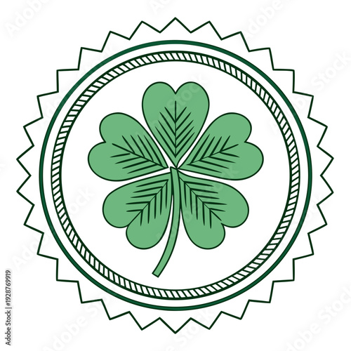 An emblem of a clover, symbolizing good luck, charm and the spirit of St. Patrick's Day. It is depicted with intricate detail inside a circular frame.