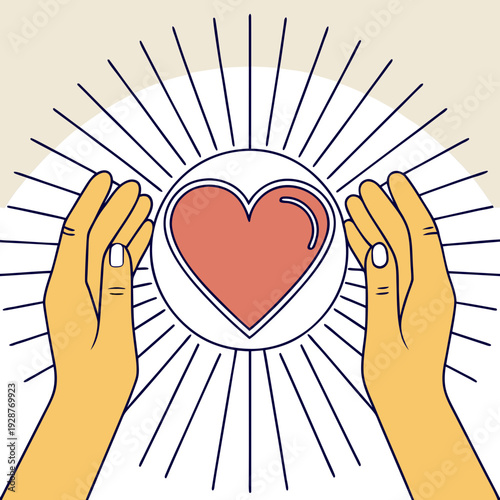 Hands cradling a glowing heart, representing care, support, and empathy. The image conveys themes of compassion and protection, with a radiating light background. 