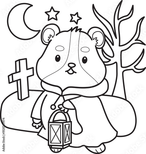 Coloring pages of Cute set of hamster sticker with halloween activity.  Outline of hamster 