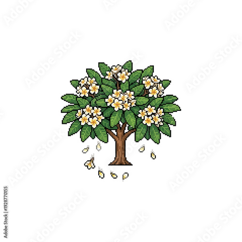 pixel art frangipani flower with falling petals detailed tropical botanical game asset illustration