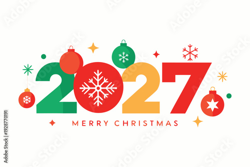 Foto Merry christmas 2027 flat design with festive ornaments and snowflakes