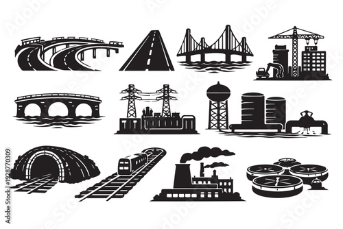 Infrastructure Icons Silhouette Set, Roads Bridges Utilities Symbols Collection, Vector Illustration, Isolated on White Background