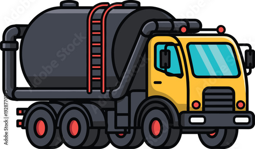 Flat vector illustration of a yellow industrial tanker truck with a large black tank and ladder for oil fuel or liquid transport designs