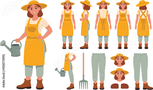 Flat vector illustration set of a female gardener in a yellow apron holding a watering can with various poses for agriculture and hobby branding