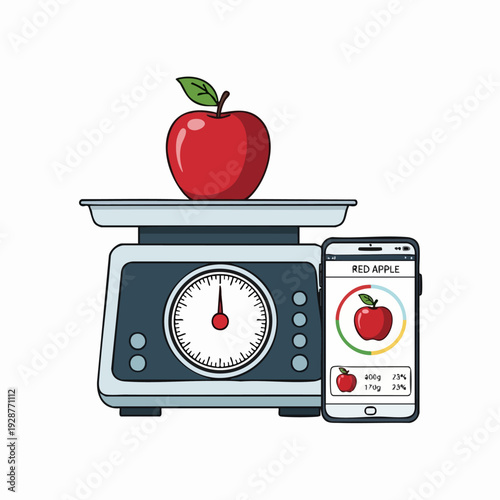 apple on weighing scale with dial display.