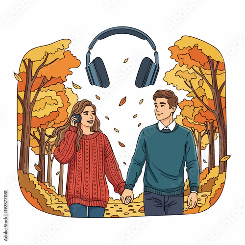 Autumn Couple Walking Hand In Hand with Headphones Above.
