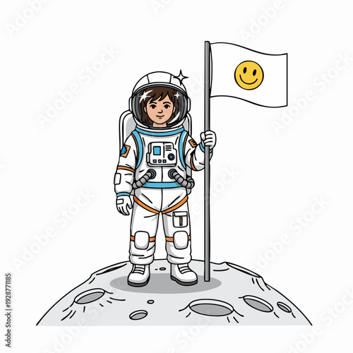 Astronaut On Moon Lifts Flag Smiley Illustration.