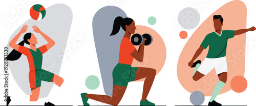 Flat vector illustration set of diverse athletes including a volleyball player a woman lifting dumbbells and a man playing soccer for sports fitness designs